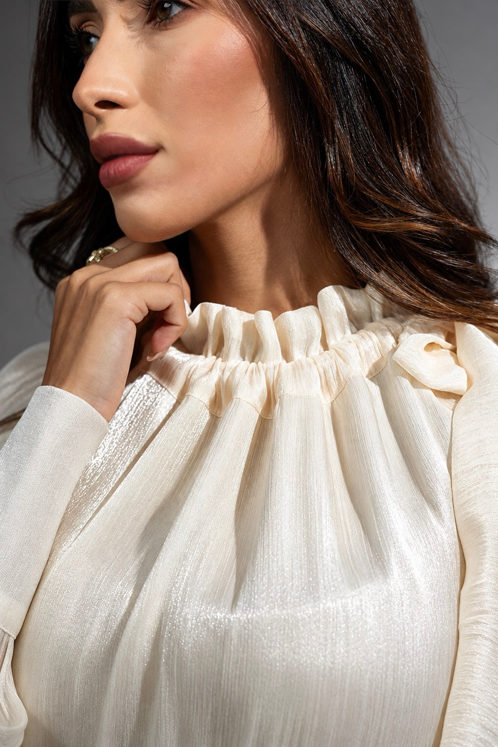Radiant Ruffle Neck Bow Blouse - champan 4