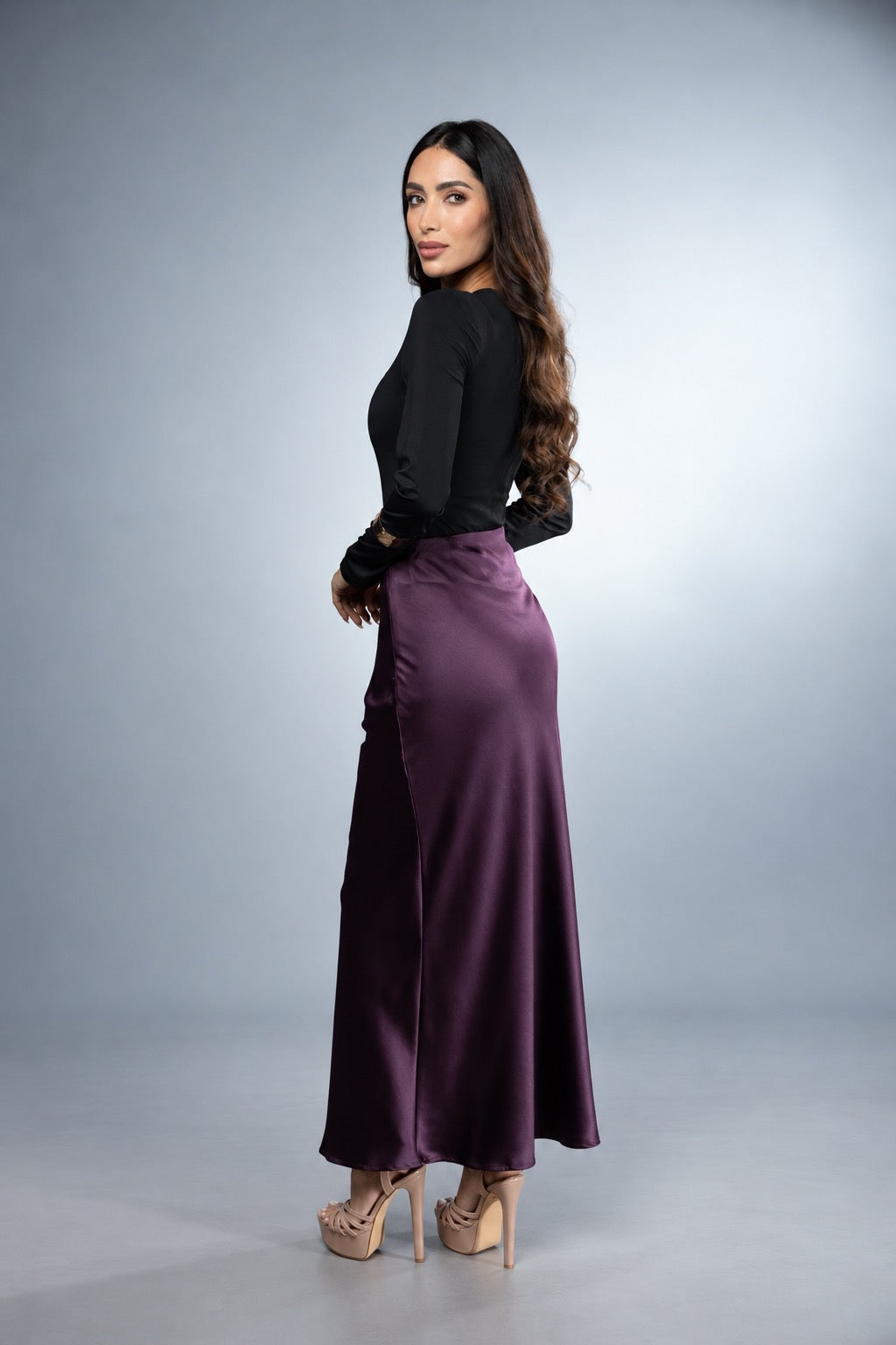 Regal Satin Midi Skirt - Ciruela 3