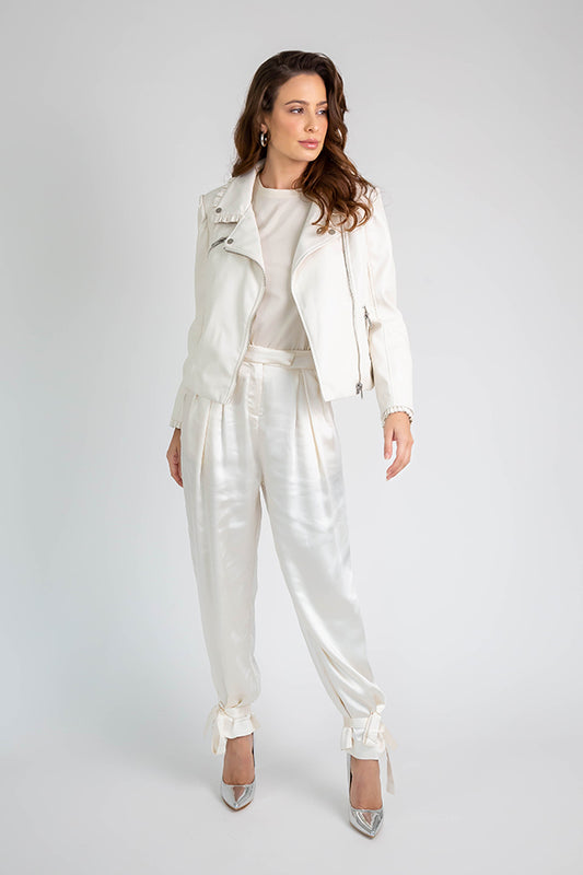 Faux Leather Ruffle Jacket S White