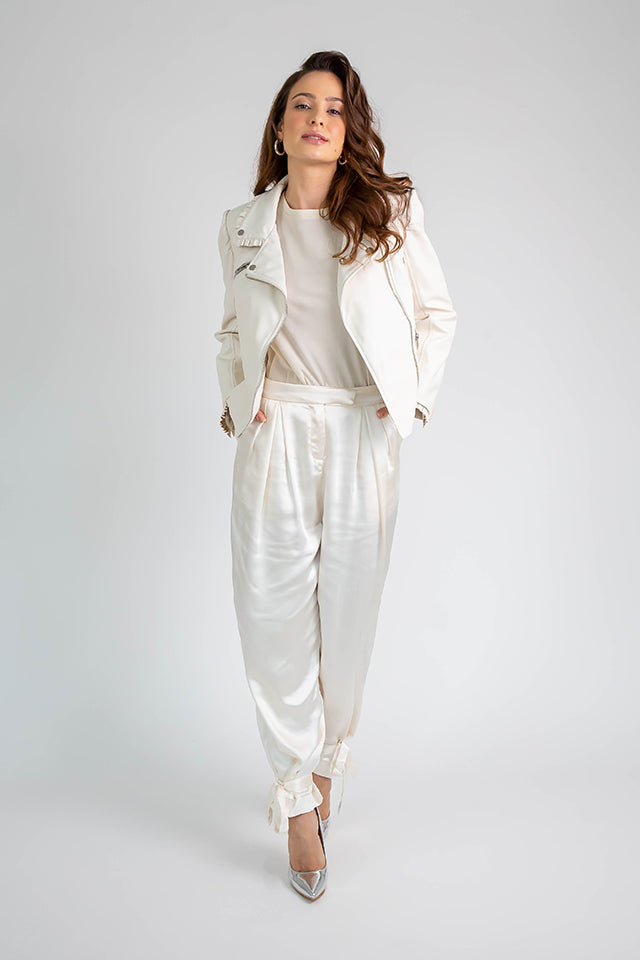 Faux Leather Ruffle Jacket S White