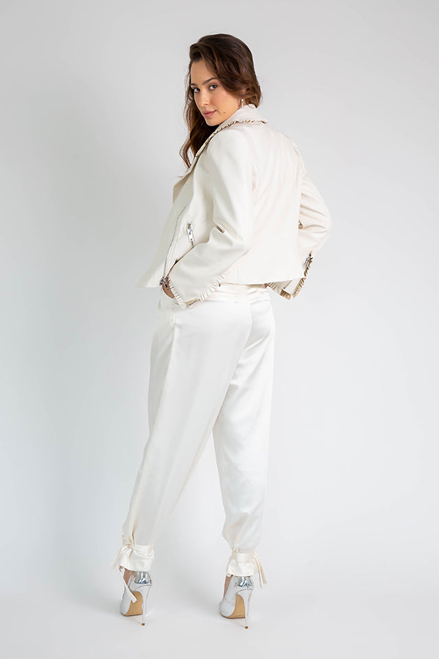 Faux Leather Ruffle Jacket White