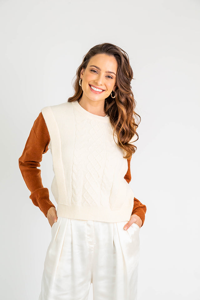Colorblock Sweater L Cream/Camel