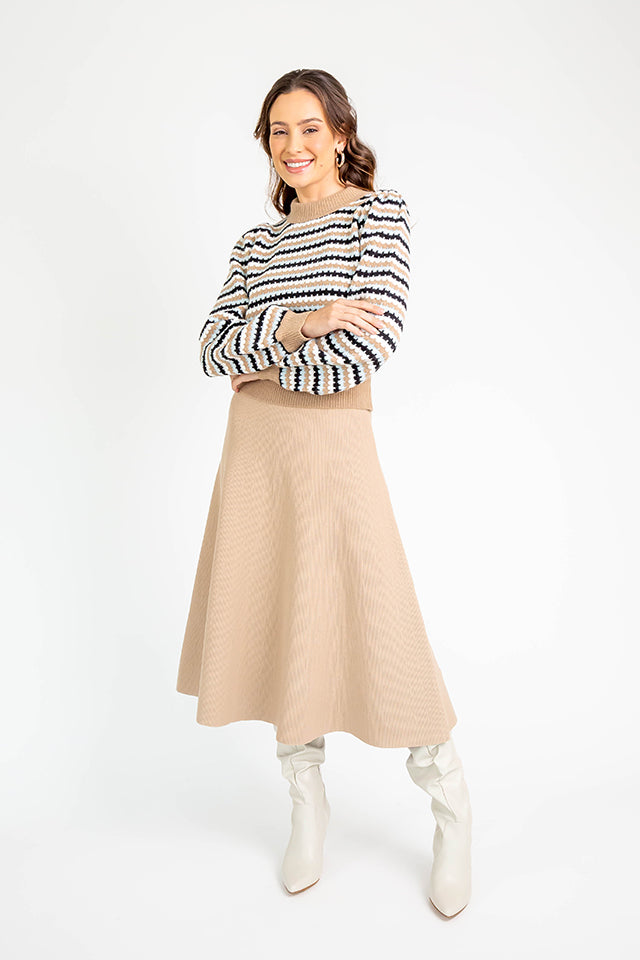 Striped Mock Neck Sweater M Taupe Multi