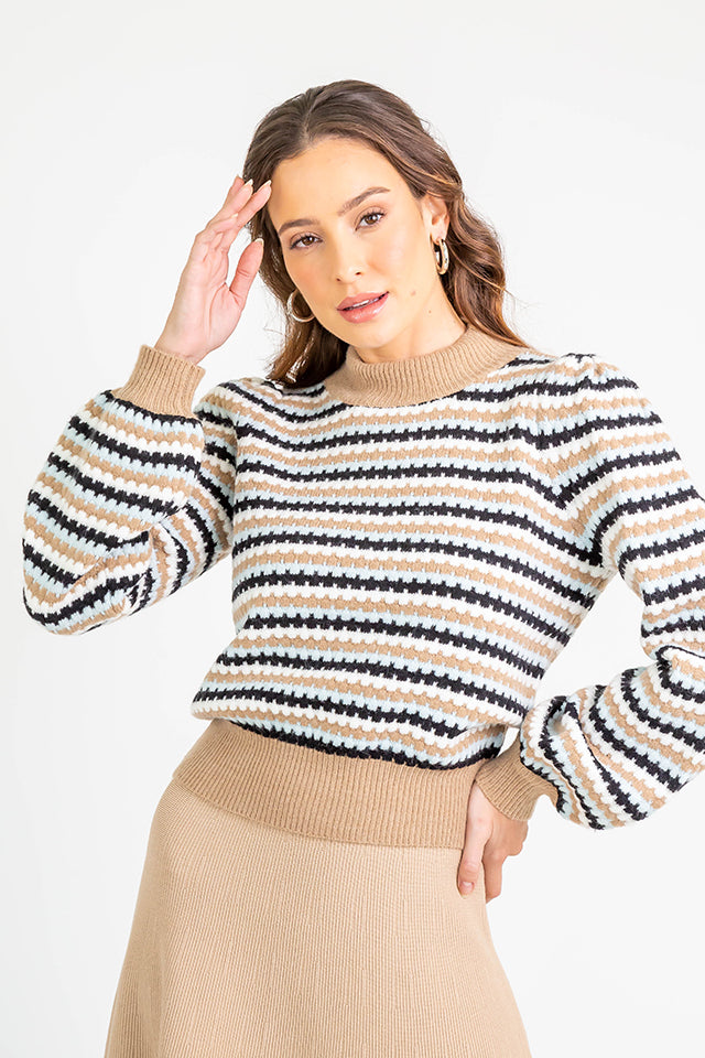 Striped Mock Neck Sweater S Taupe Multi