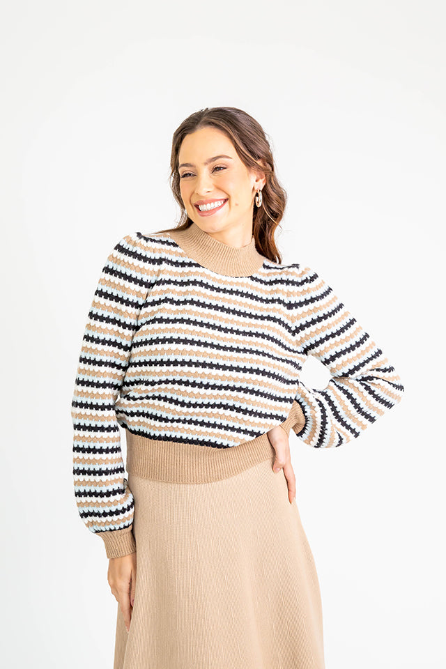Striped Mock Neck Sweater M Taupe Multi