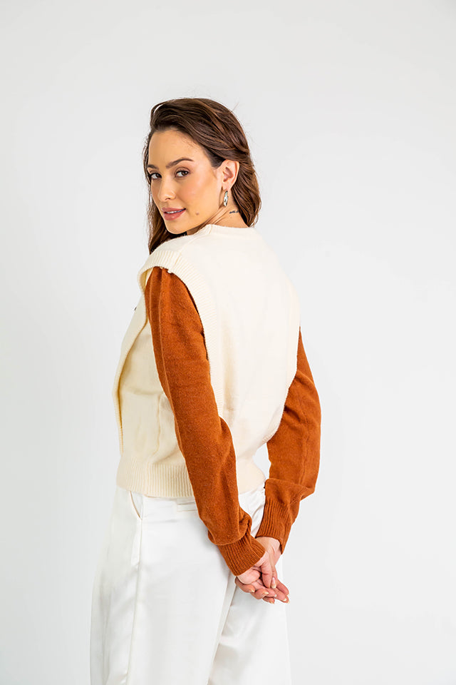 Colorblock Sweater L Cream/Camel