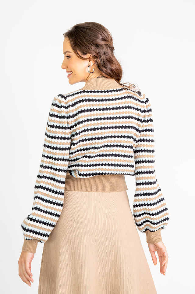 Striped Mock Neck Sweater L Taupe Multi