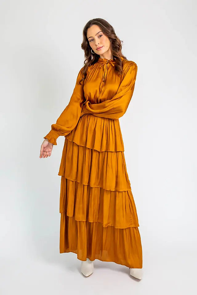 Tiered Maxi Dress M Golden Bronze
