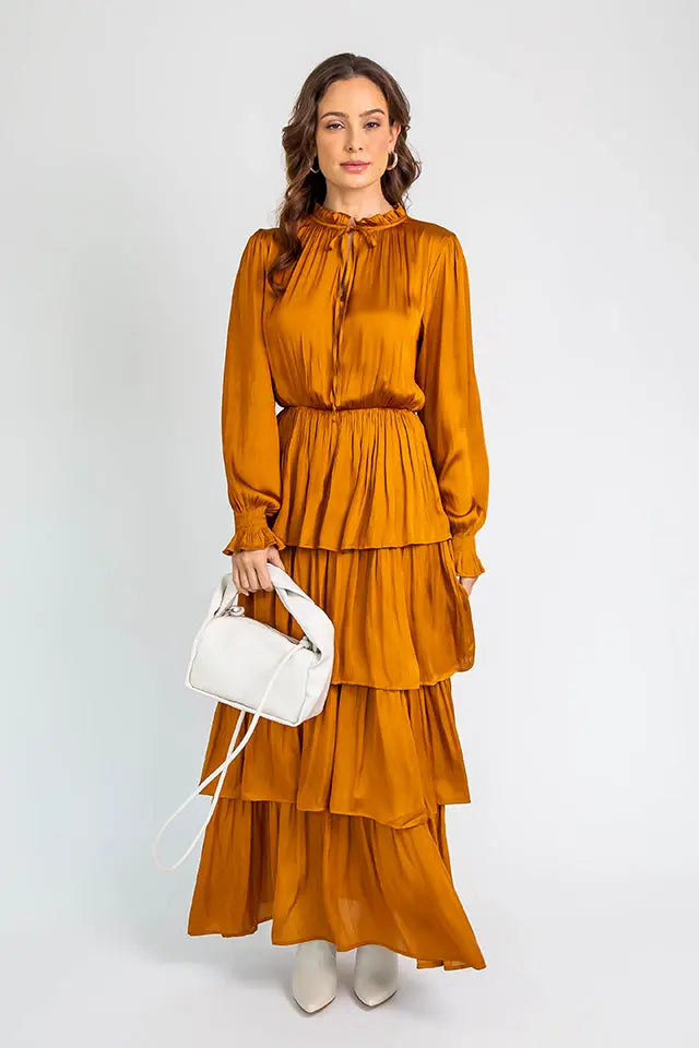 Tiered Maxi Dress M Golden Bronze