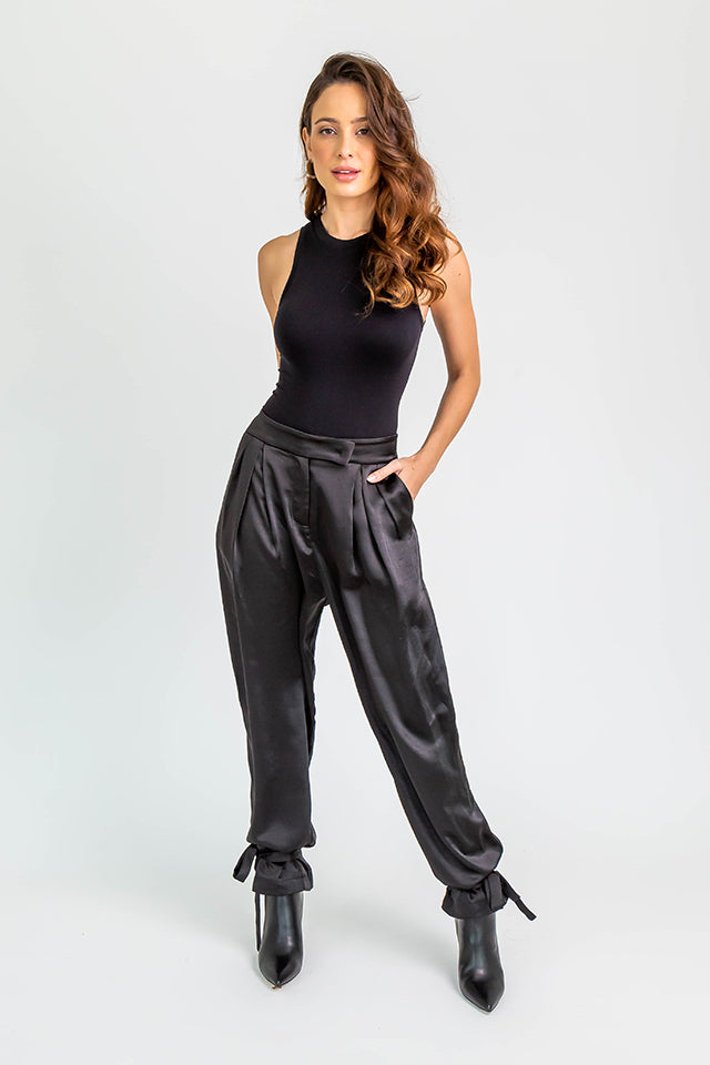 Black Satin Ankle Tie Trousers