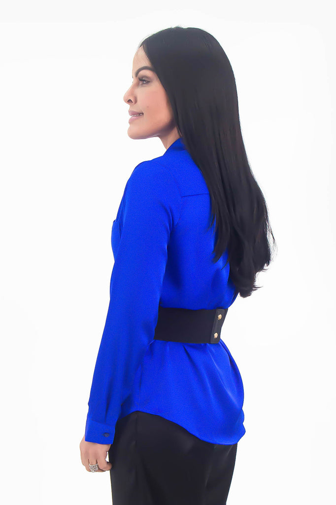 Satin Button Down Shirt Cobalt