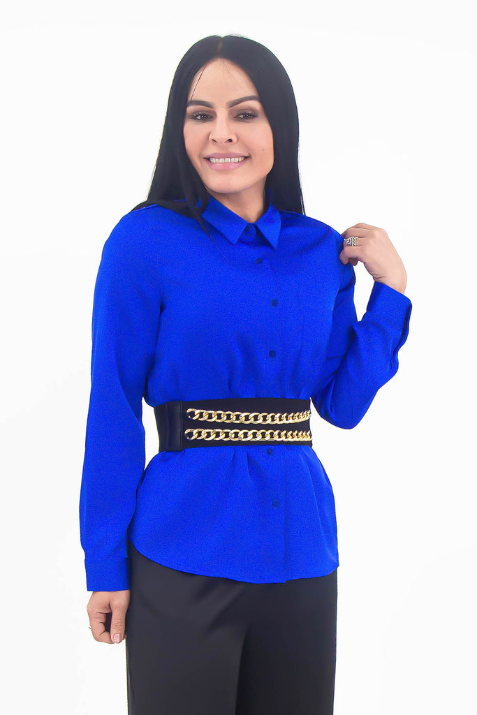 Satin Button Down Shirt Cobalt